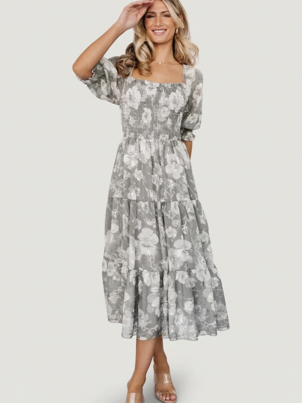 NEW! Baltic Born GrayishGreen / Dusty Sage Floral Smocked Square-Neck Midi Dress